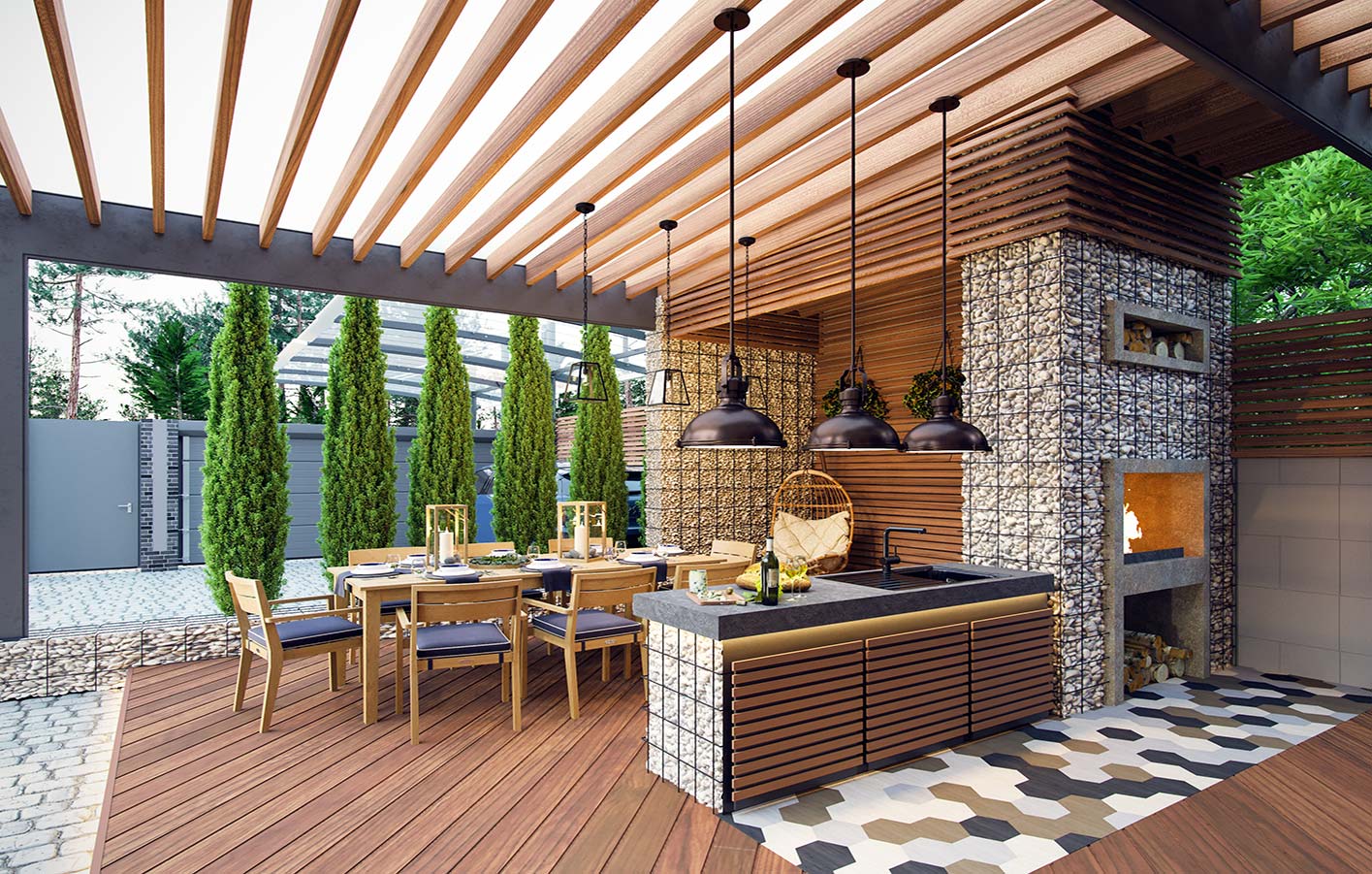 Holzterrasse mit Outdoorküche und Essbereich mit einer Pergola als Überdachung